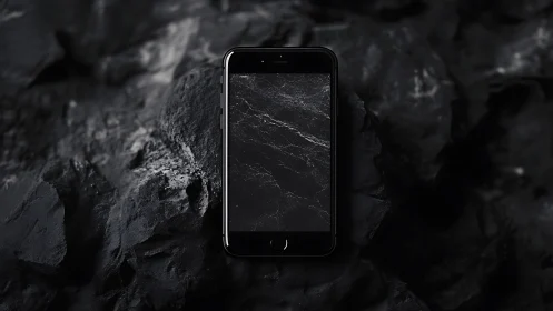 Black smartphone on rugged rocks with marble screen motif.