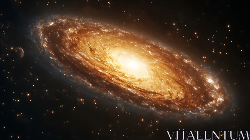 Spiral galaxy rendered with bright golden stellar core