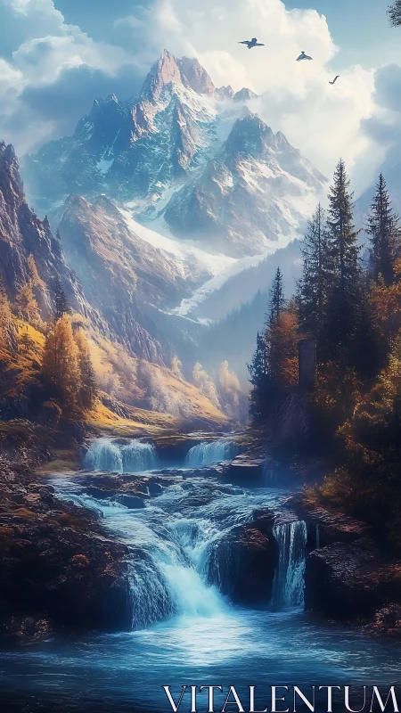 Sky-scraping crystal peaks above spellbound sapphire falls.