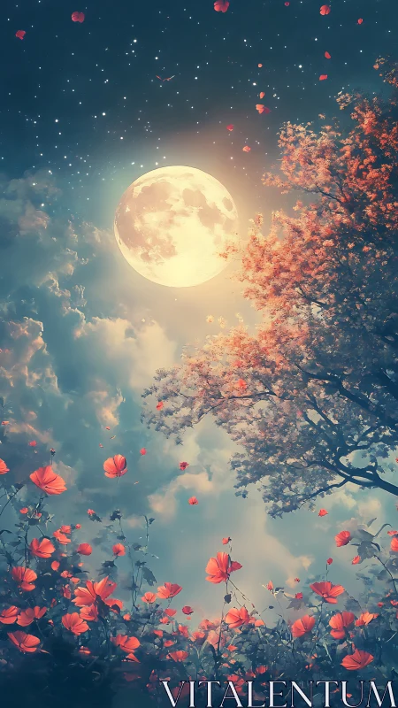 Moonlit blossom chorus under a sky of wandering embers.