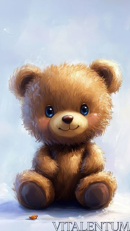 Plush teddy bear portrait with soft fur rendering on ice-blue