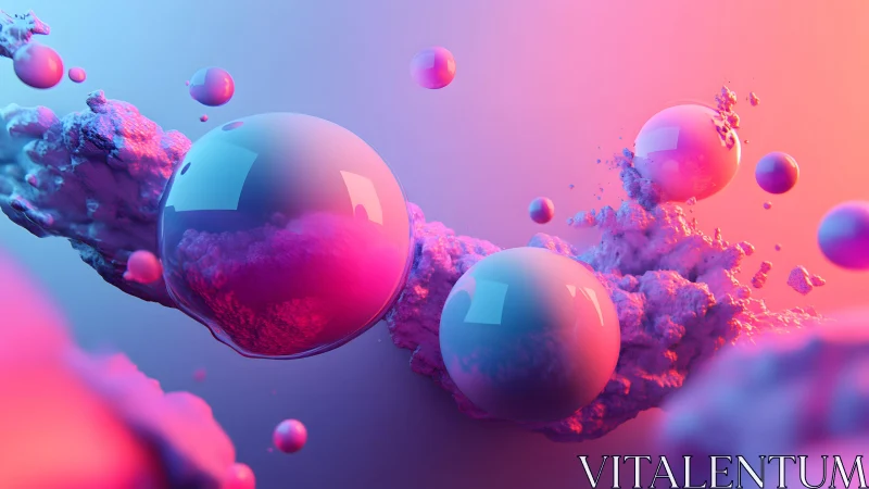 Neon glass spheres drift through cottony cosmic dust field.