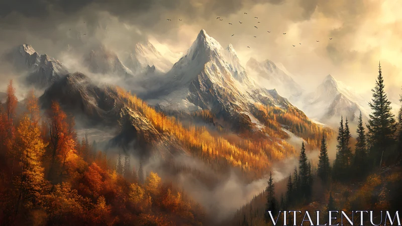 Autumn-lit mountain spires trade whispers with wandering mist