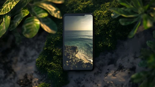 Calm ocean sunset glows on a phone amid lush green moss