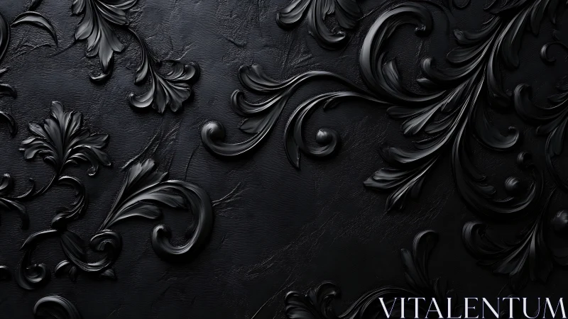 Baroque black floral relief curls across textured dark surface