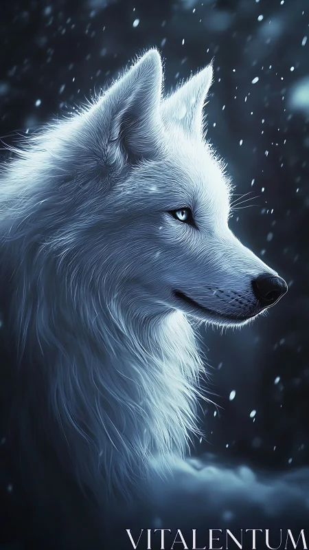 Majestic white wolf gazes through a softly falling winter snow
