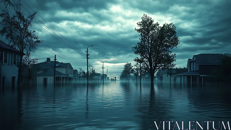 Flooded suburban street lies silent under storm-dark skies