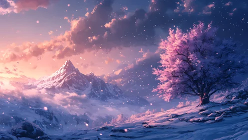 Blushing snow tree serenades a sunrise drenched mountain
