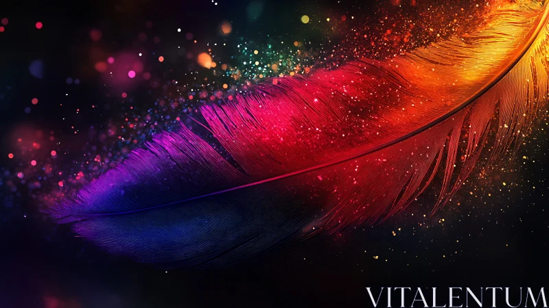 Prismatic feather drifting through luminous cosmic dust.