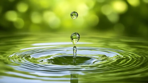 Macro water droplet impact with radial ripples in green field.