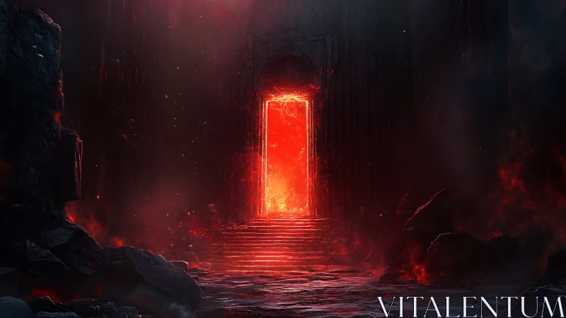 Digital painting of infernal portal within cavernous basalt hall.