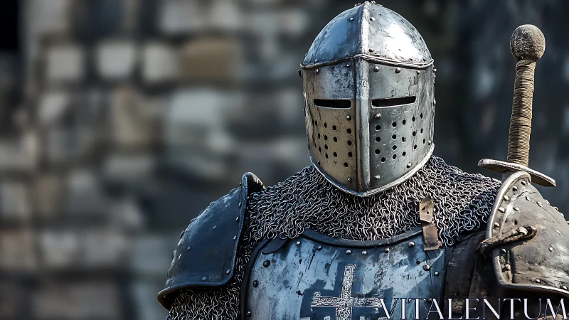 Armored medieval knight with perforated helm in sharp focus.