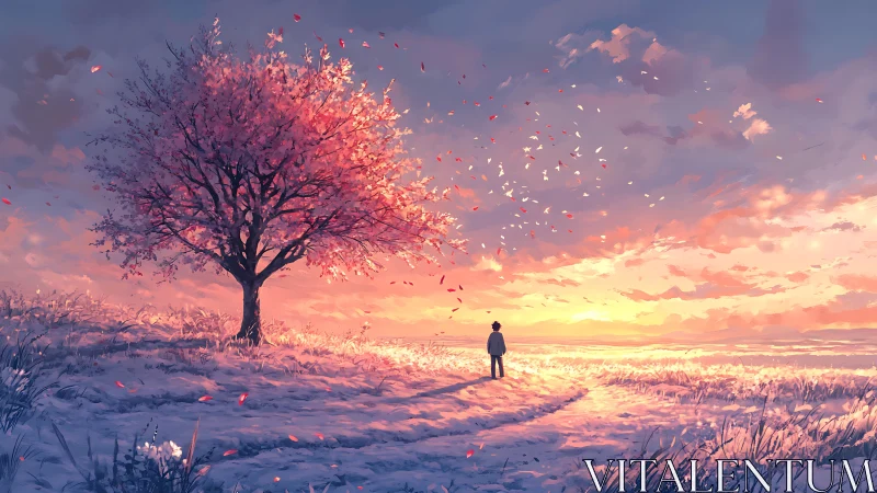 Solitary figure beneath pink tree at luminous sunset field.