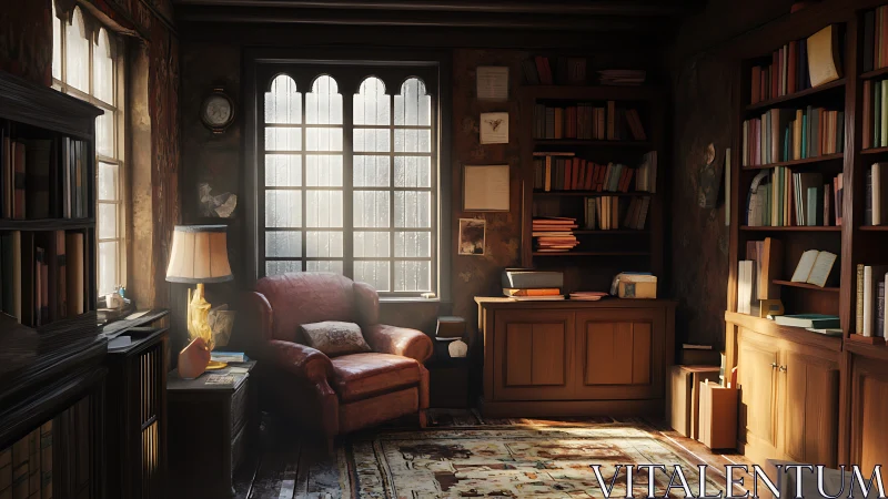 Interior view shows a compact library with armchair