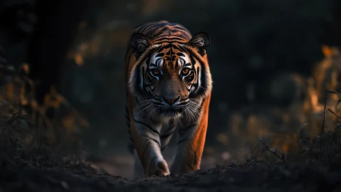 Golden light welcomes a focused tiger on a forest path