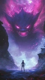 Silhouette confronts massive glowing monster in misty canyon