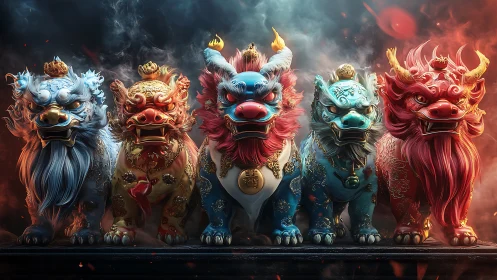 Chromatic qilin sentinels in volumetric cinematic lighting.