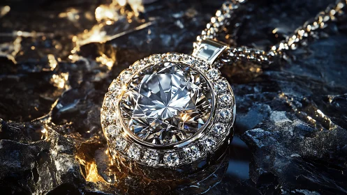 Macro render of halo diamond pendant on reflective dark stone