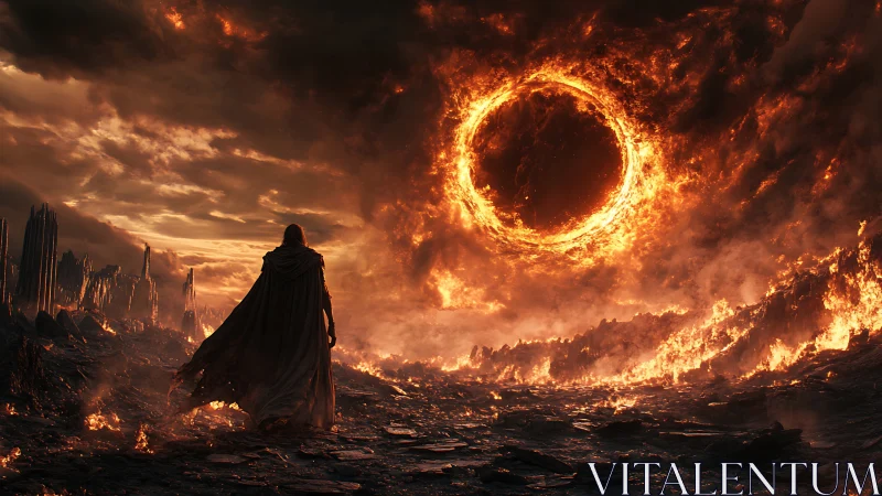 Cloaked figure before circular fiery vortex in wasteland.