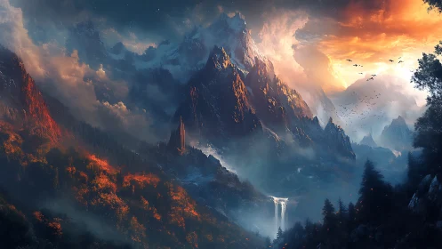Fiery mountain sunrise welcomes a hidden fantasy valley keep