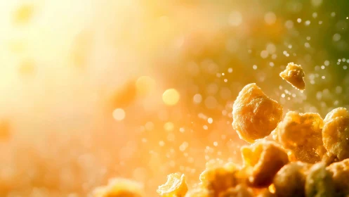 Golden cereal crumbles glow gently in bright morning light