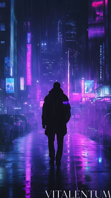 Neon soaked city street welcomes a lone night wanderer