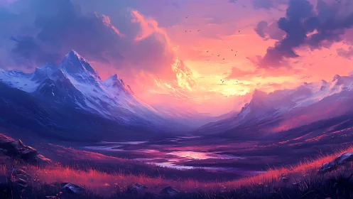 Glaciated valley basin under chromatic sunset skyscape.