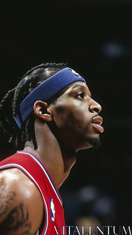 Profile view of basketball player in red jersey on court.