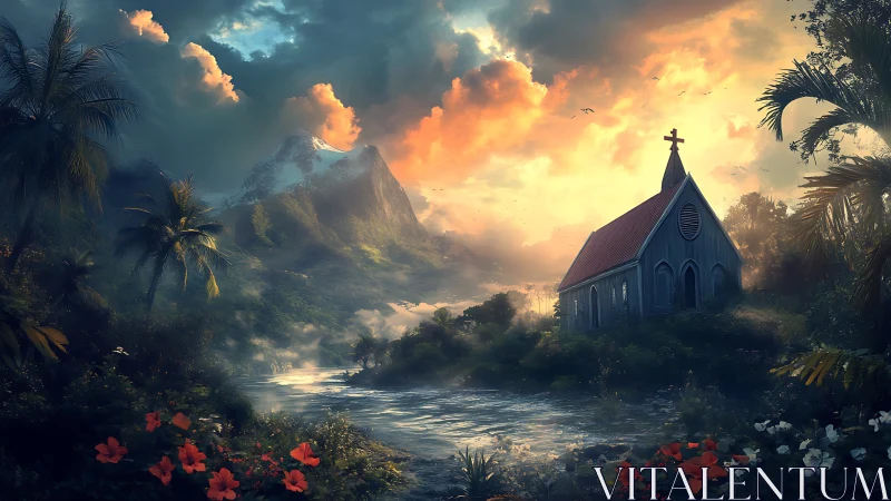 Small riverside chapel stands before misty tropical mountains