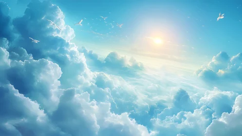 Soft morning sun pours over towering clouds and gentle birds