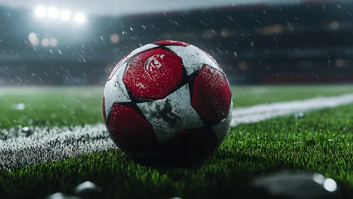 Soaked match ball waits on the slick white line for destiny
