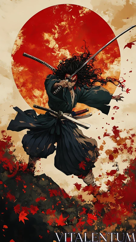 Masked samurai leaps through crimson leaves before rising sun.
