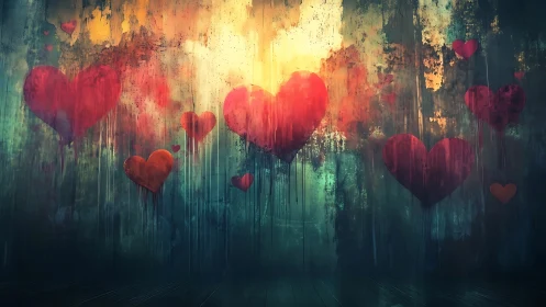 Red Hearts Dripping Against Grunge Urban Backdrop.
