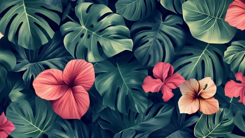 Digital painting depicts layered tropical foliage with hibiscus flowers and monstera leaves rendered