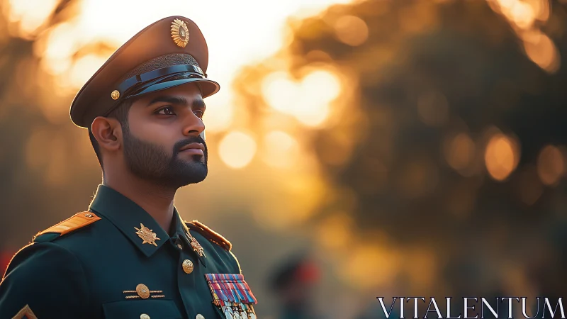 Decorated military officer under warm sunset bokeh light.