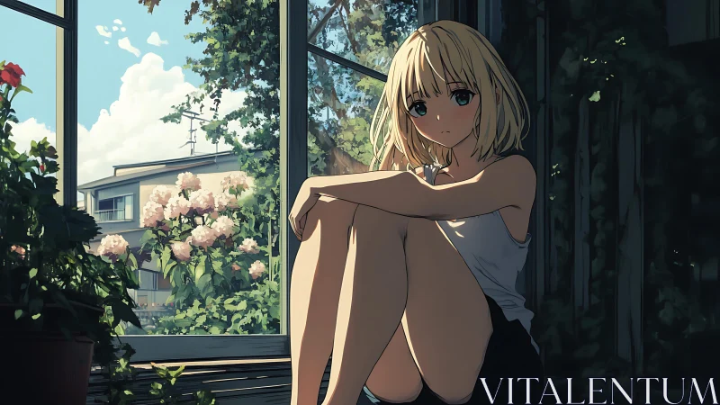 Sunlit blonde girl by window in contemplative summer stillness.