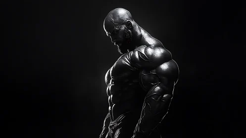 Hyperreal muscular figure in dramatic low key side profile.