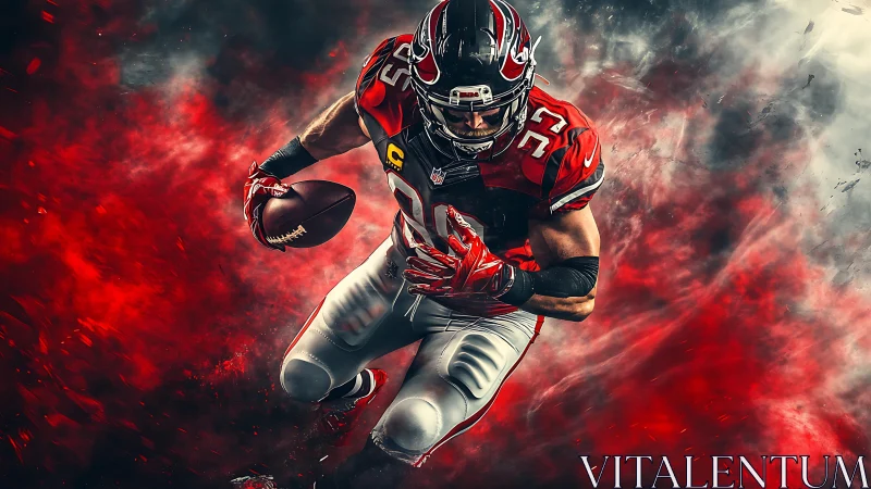 Explosive gridiron charge in vivid red digital clouds.