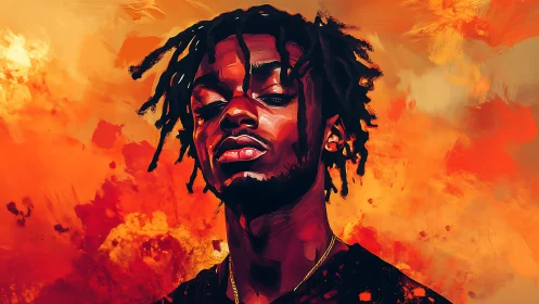 Bold digital portrait amid molten orange abstract blaze.