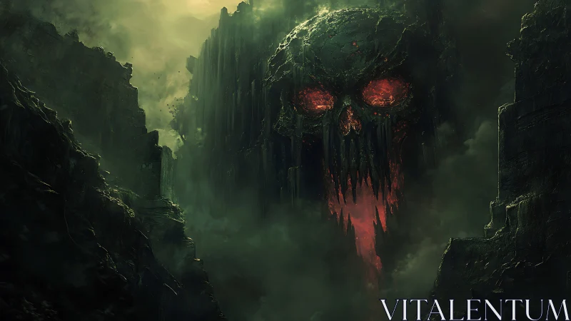 Dark cavern fortress shaped as burning skull visage.