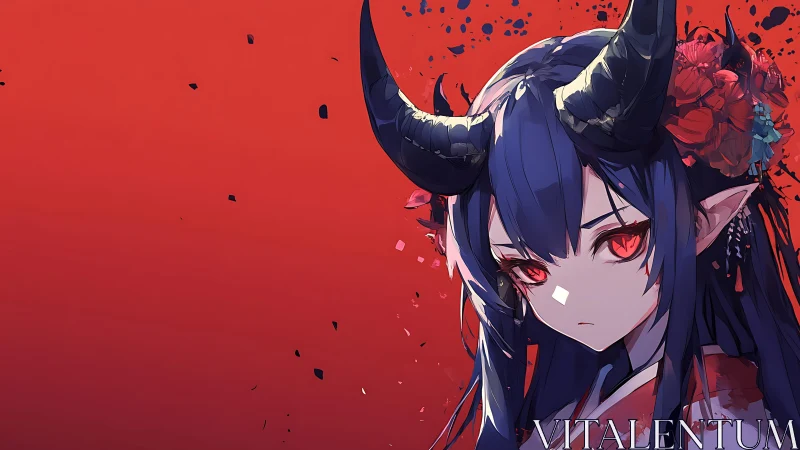 Crimson-hued demon girl portrait with splintered backdrop.