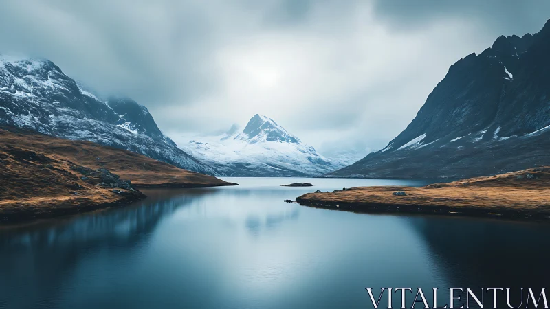 Cold alpine fjord with mirrored glacial peaks and low cloud cover