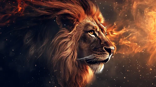 Majestic lion blazes through darkness in fiery digital portrait