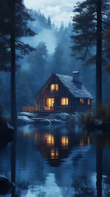Nocturnal forest cabin with volumetric fog and specular lake.