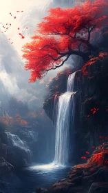 Crimson maple canopy over misted cliff waterfall pool