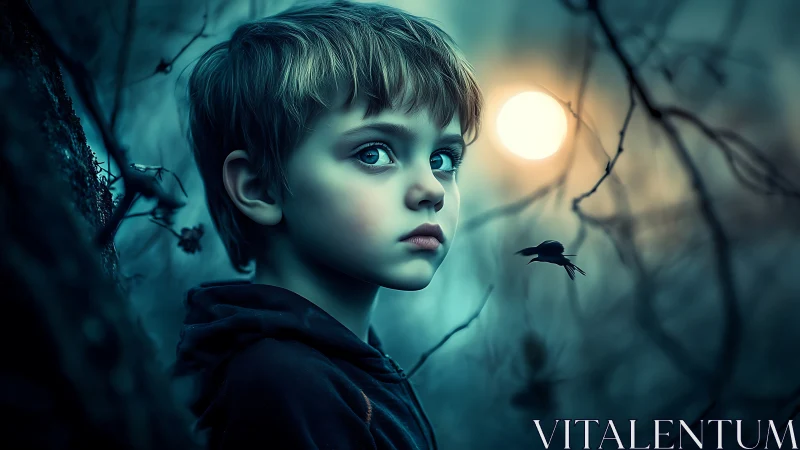 Boy gazes through eerie forest glow under cold full moon