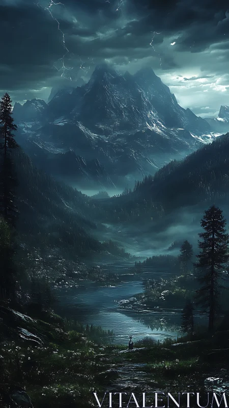 Storm-lit alpine valley rendered in high-contrast atmospheric depth