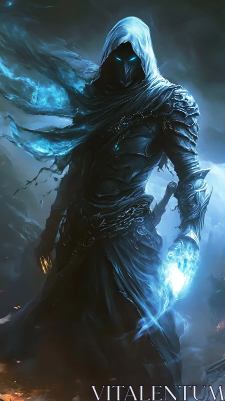 Hooded wraith channels blue arcane fire within storm