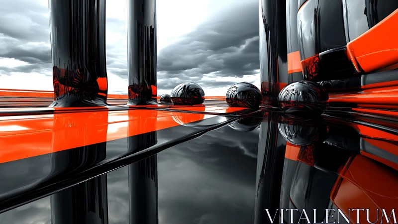 Chromed pillars over neon horizon in reflective stormscape.