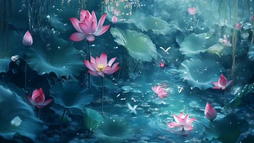 Lotus pond rendered with atmospheric depth and luminous caustics